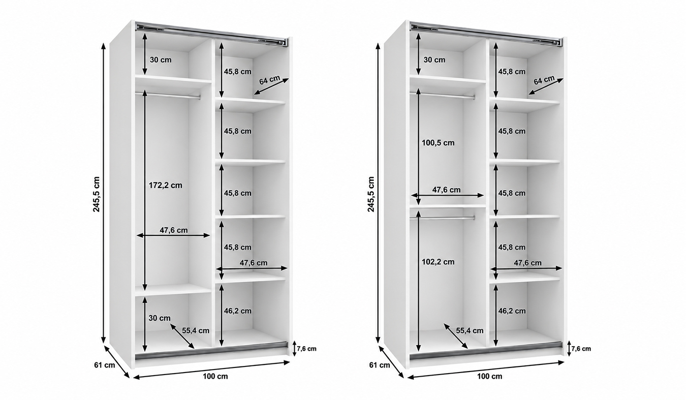 Vnitřní uspořádání bílé šatní skříně LUX 1 100 cm