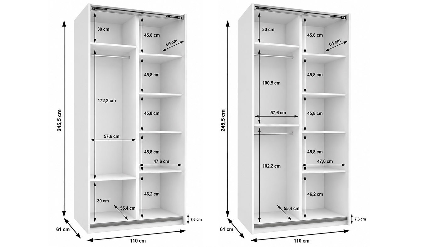 Vnitřní uspořádání bílé šatní skříně LUX 1 100 cm