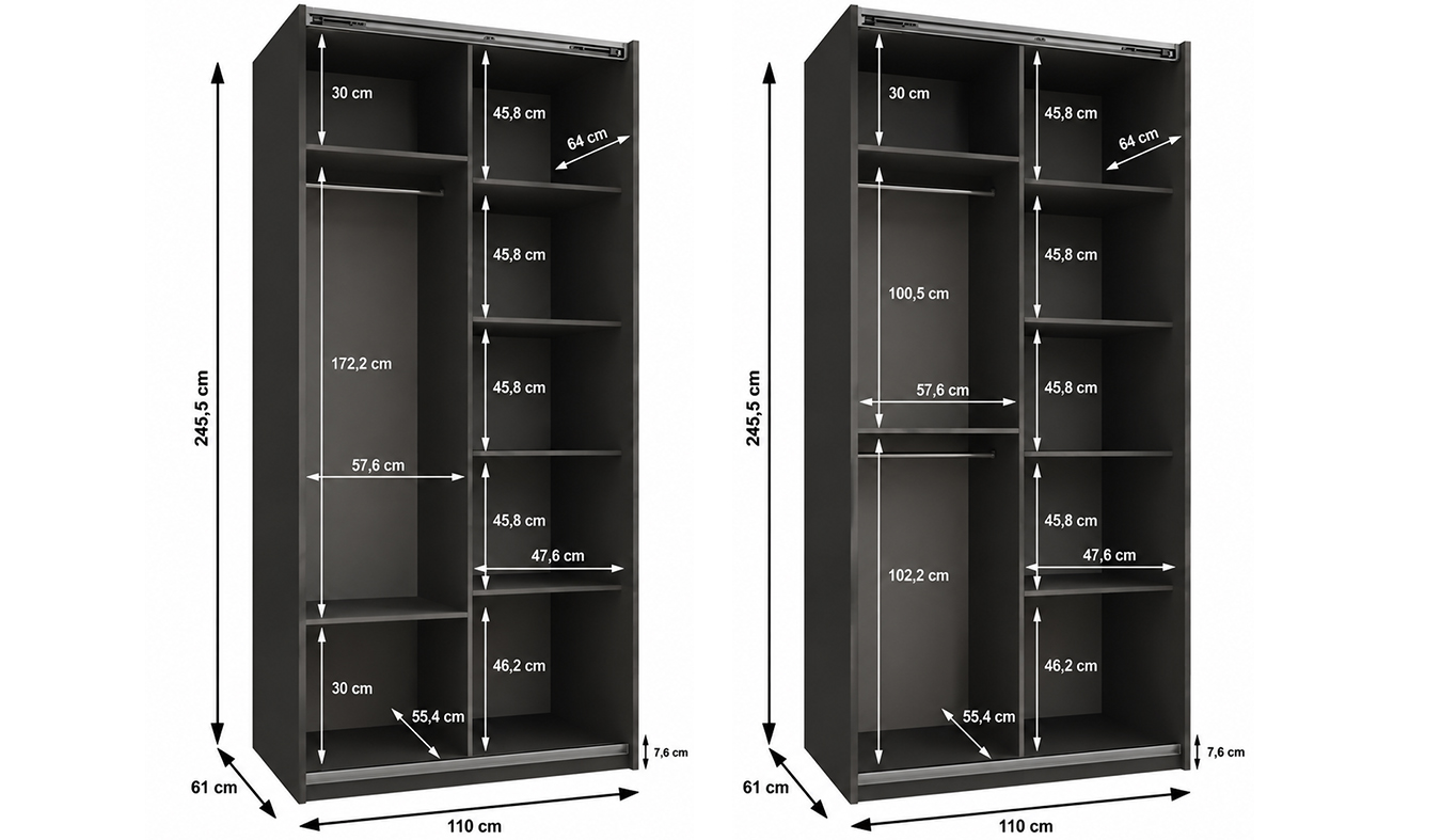Vnitřní uspořádání černé šatní skříně LUX 1 100 cm