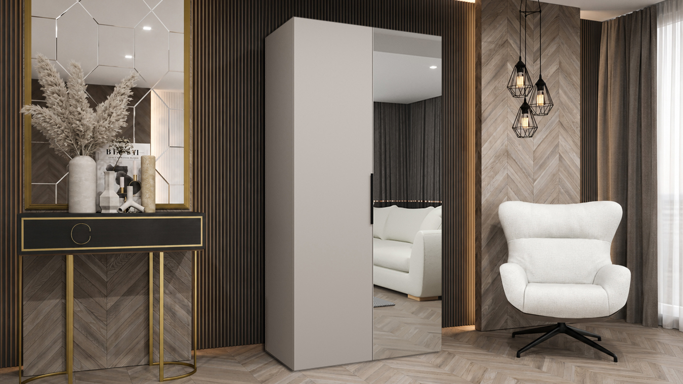 Šatní skříň MARBELLA 2 100 cm kašmír s černými úchyty a zrcadlem