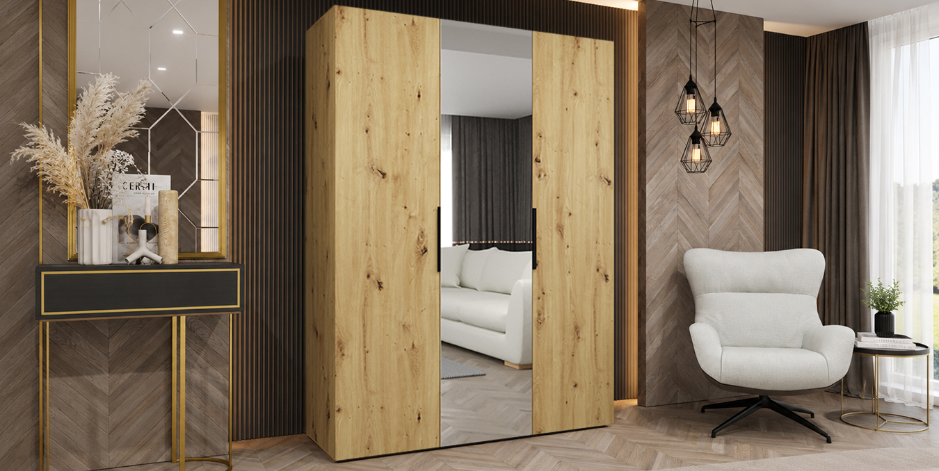 Šatní skříň MARBELLA 2 150 cm Dub Artisan černé úchyty se zrcadlem