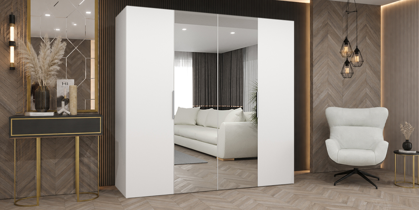 Šatní skříň MARBELLA 2 200 cm bílá mat s kašmírovými úchyty a zrcadlem