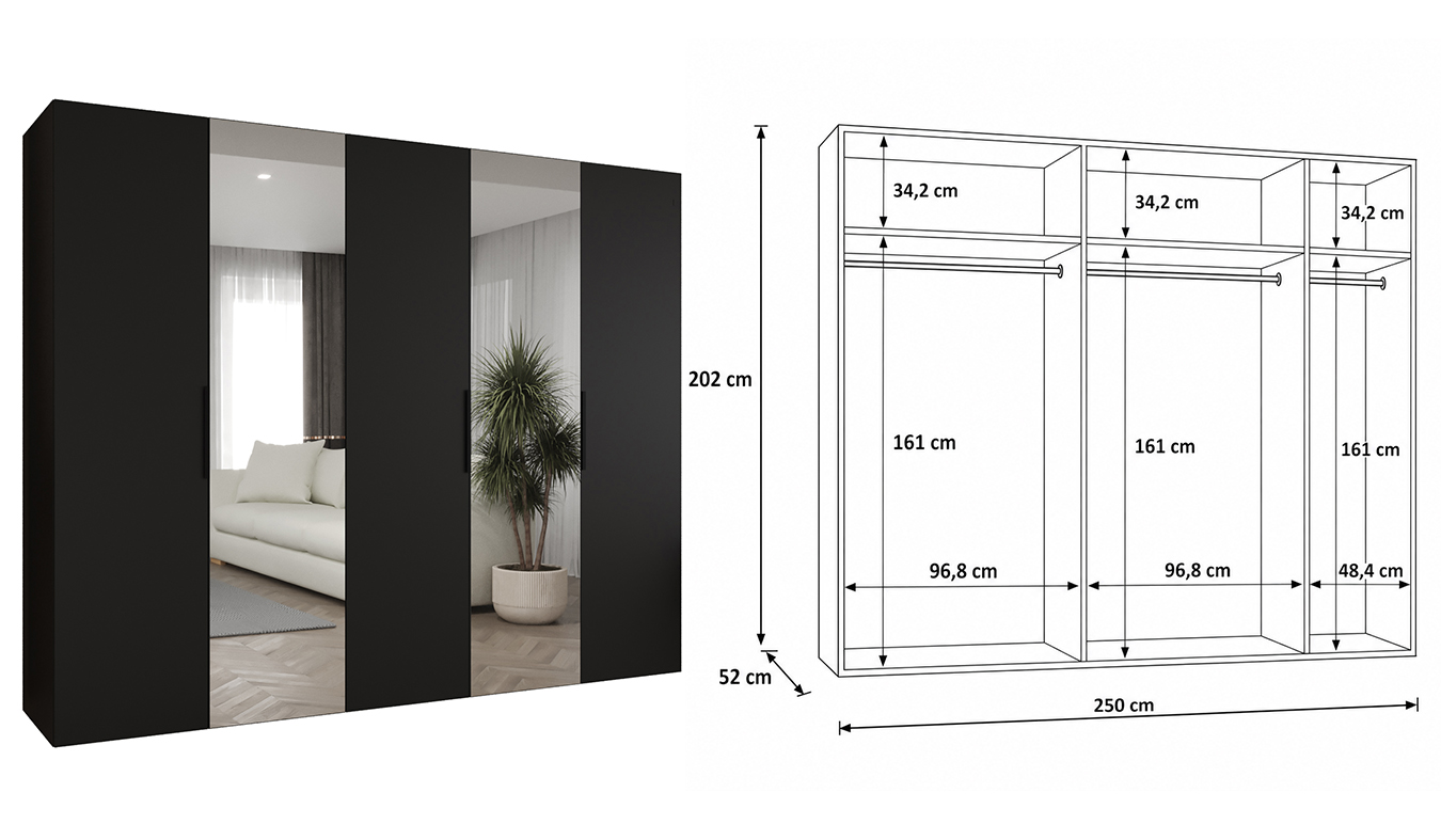 Standardní vnitřní uspořádání skříně MARBELLA 2 250 cm