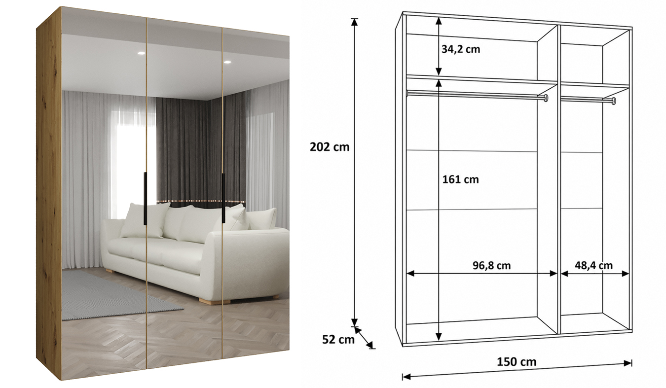 Standardní vnitřní uspořádání skříně MARBELLA 3 150 cm