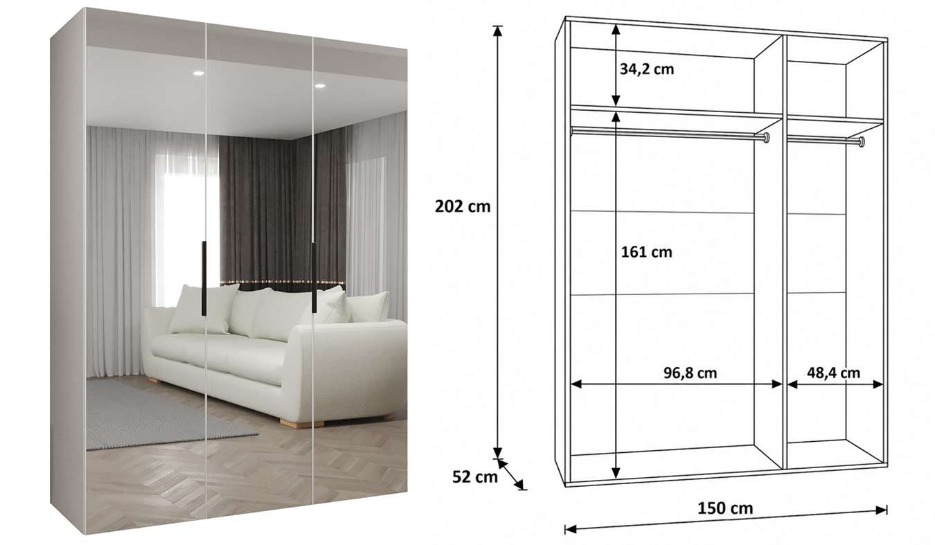 Standardní vnitřní uspořádání skříně MARBELLA 3 150 cm