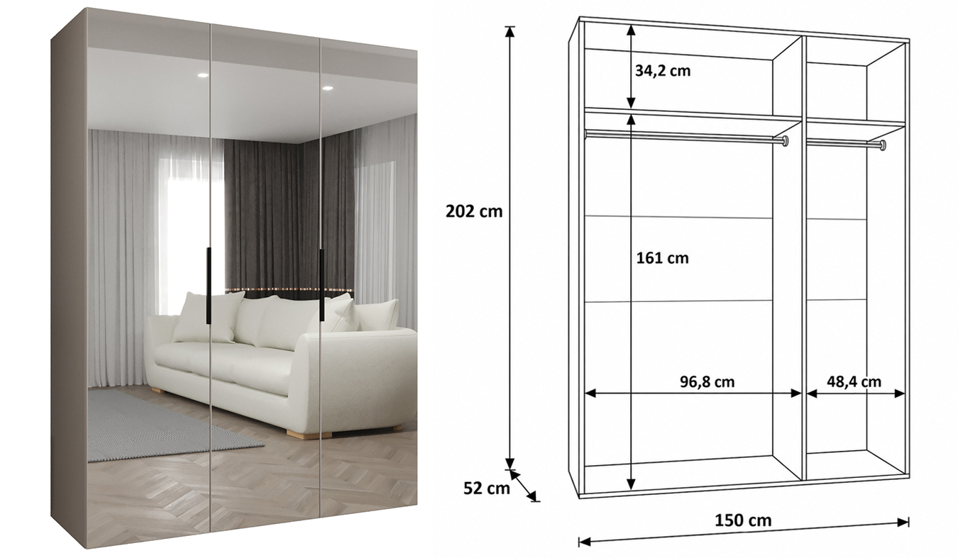 Standardní vnitřní uspořádání skříně MARBELLA 3 150 cm