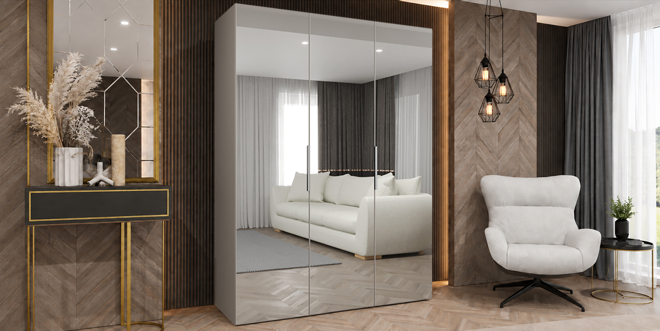 Šatní skříň MARBELLA 3 150 cm kašmír se zrcadlovými dveřmi