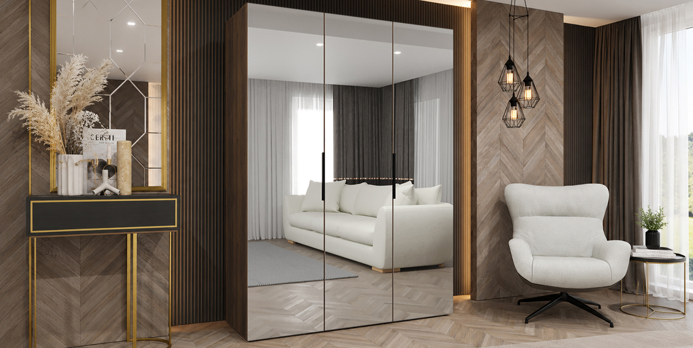 Šatní skříň MARBELLA 3 150 cm kašmír se zrcadlovými dveřmi