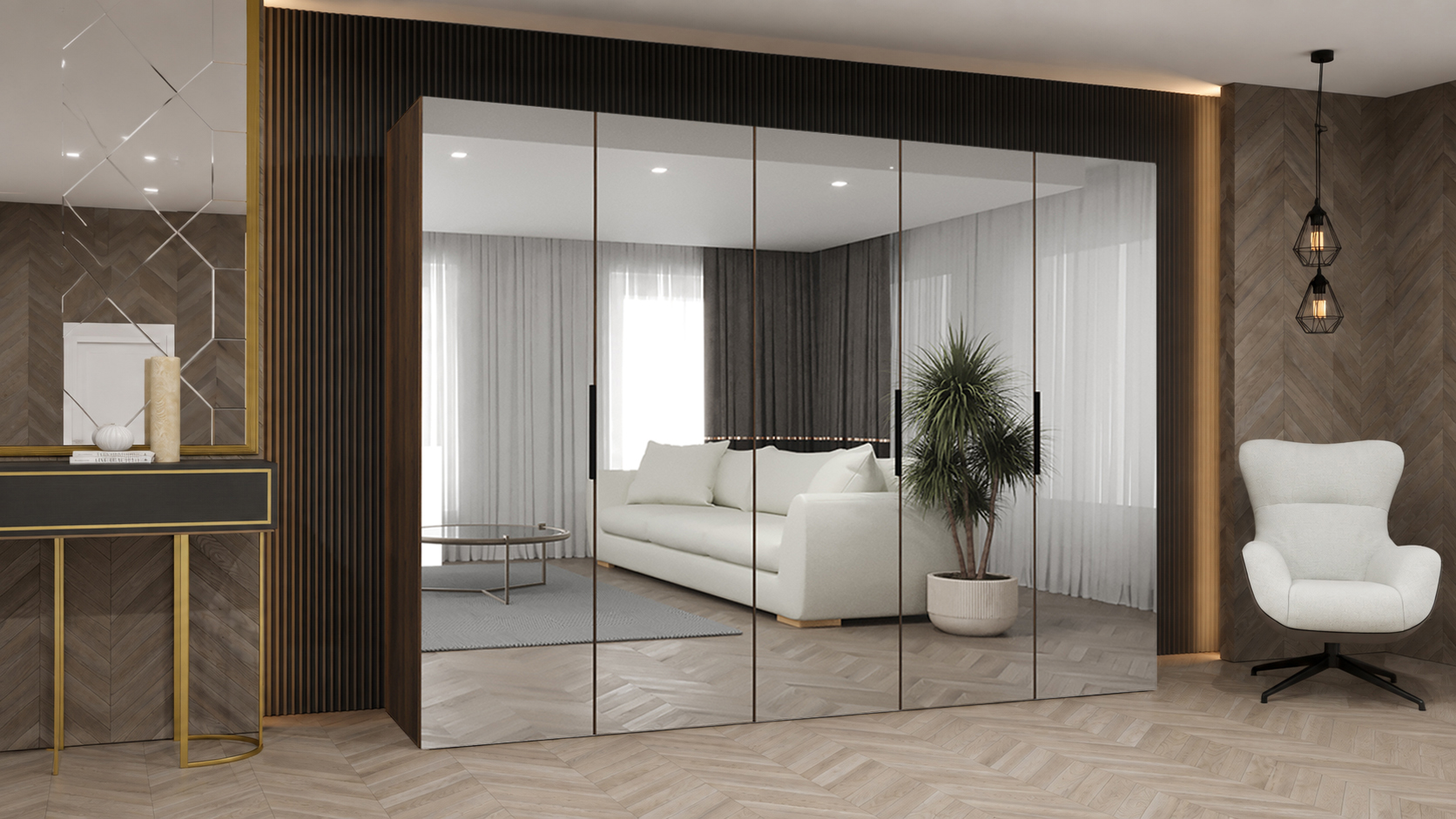 Šatní skříň MARBELLA 3 250 cm ořech Warmia se zrcadlovými dveřmi