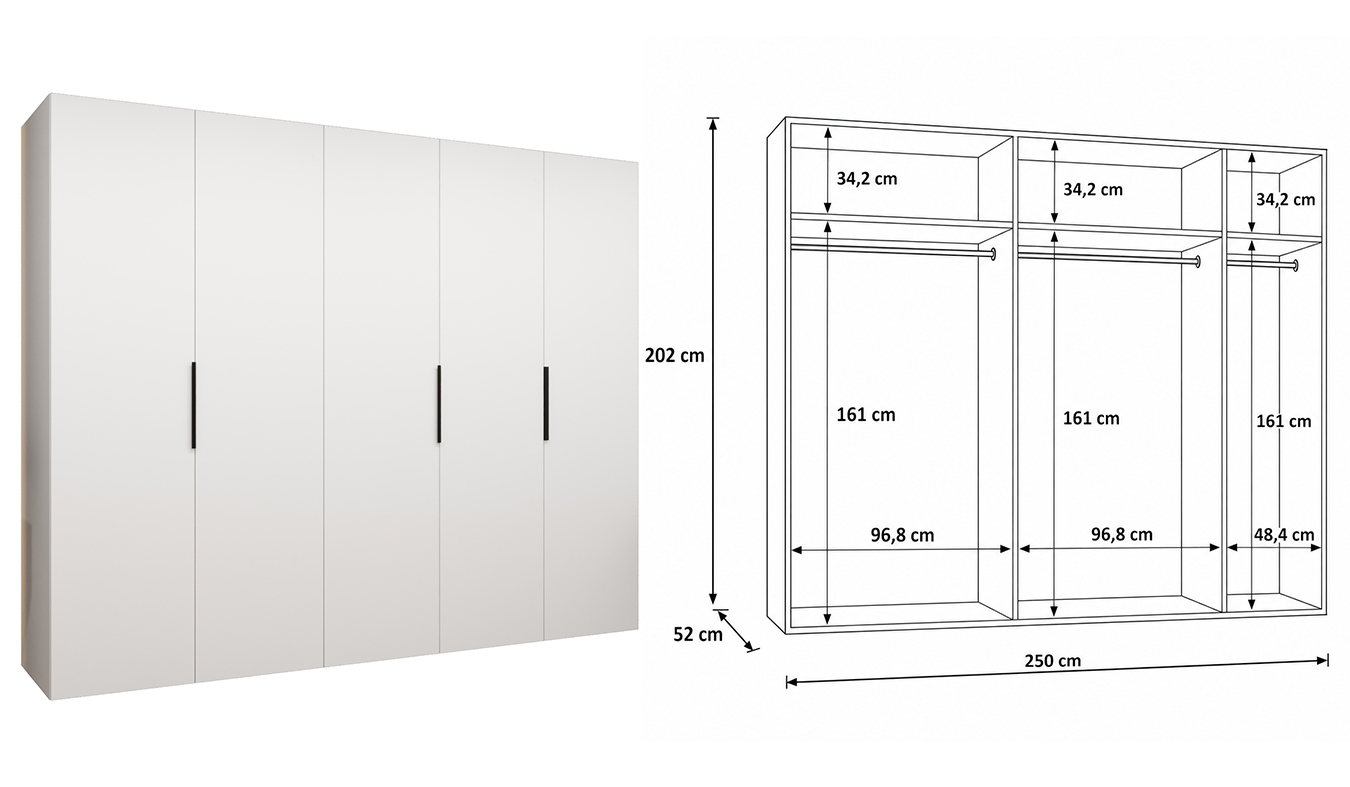 Vnitřní uspořádání skříně MARBELLA 1 250 cm