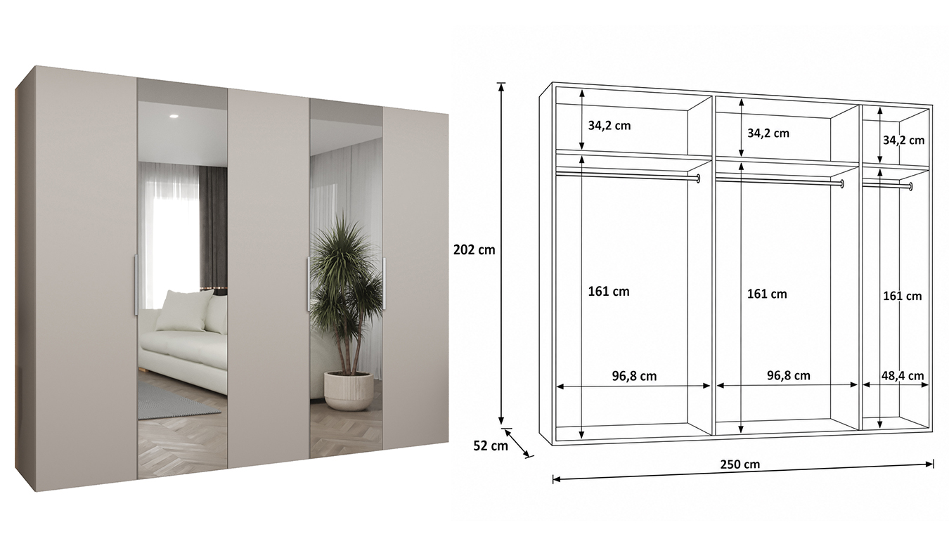 Standardní vnitřní uspořádání skříně MARBELLA 2 250 cm