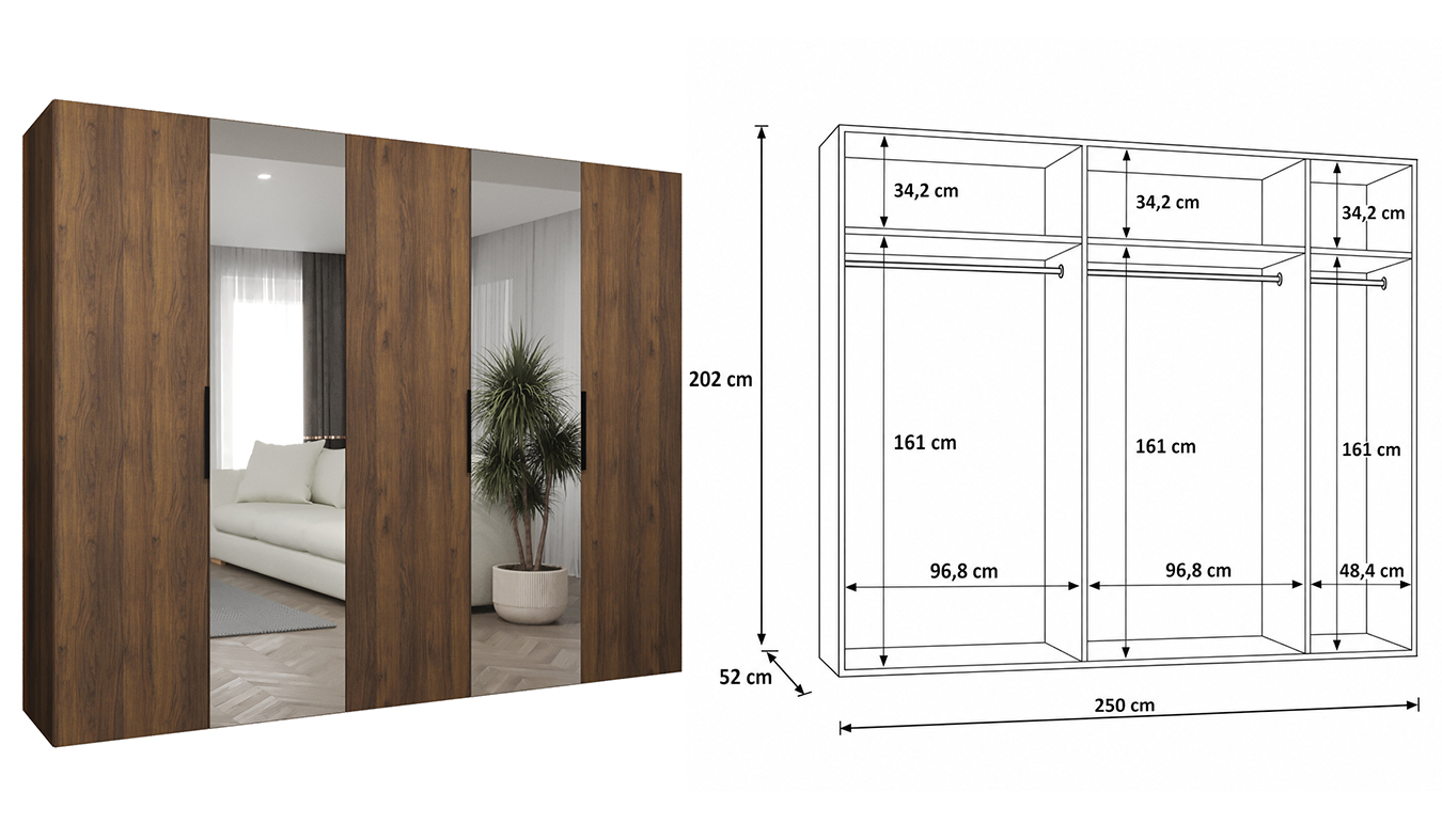 Standardní vnitřní uspořádání skříně MARBELLA 2 250 cm