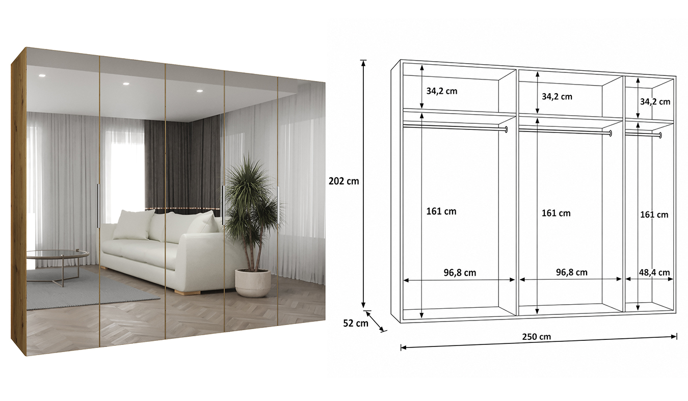 Standardní vnitřní uspořádání skříně MARBELLA 3 250 cm
