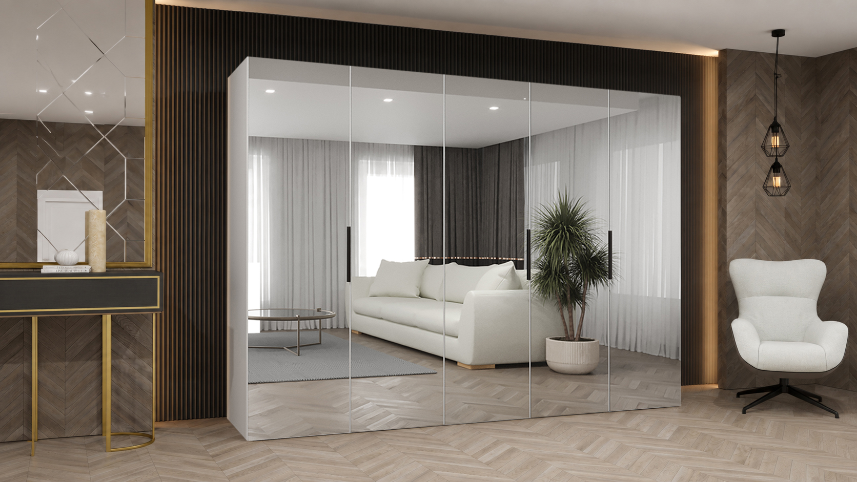 Šatní skříň MARBELLA 3 250 cm ořech Warmia se zrcadlovými dveřmi