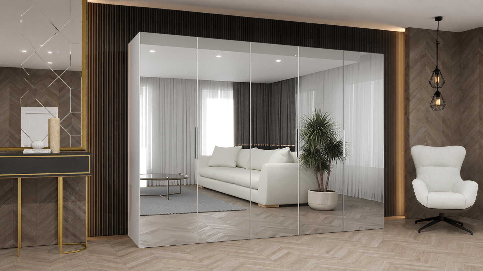 Šatní skříň MARBELLA 3 250 cm ořech Warmia se zrcadlovými dveřmi