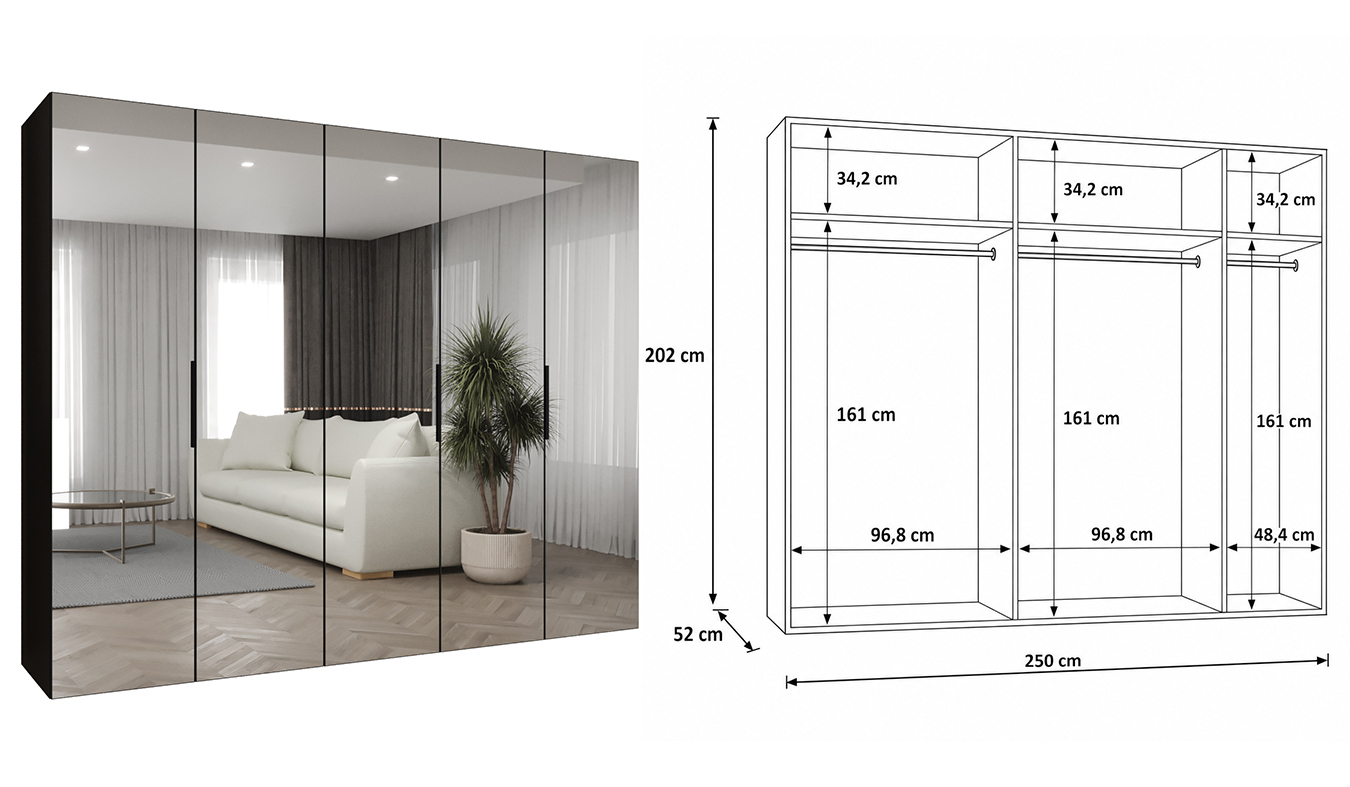 Standardní vnitřní uspořádání skříně MARBELLA 3 250 cm