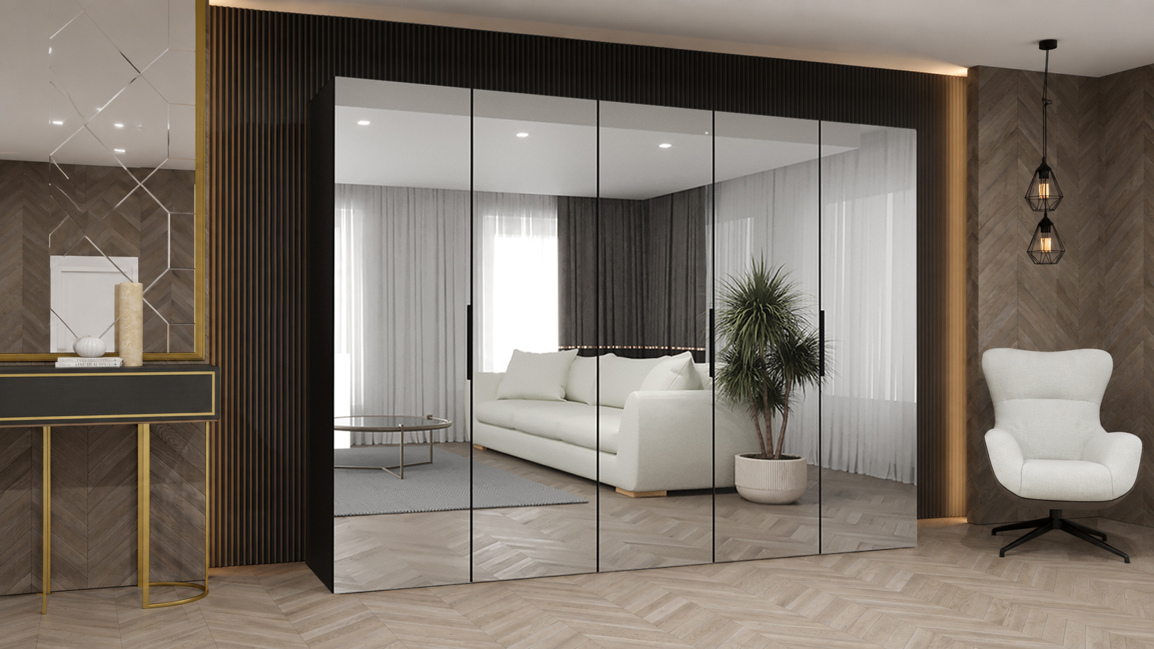 Šatní skříň MARBELLA 3 250 cm ořech Warmia se zrcadlovými dveřmi