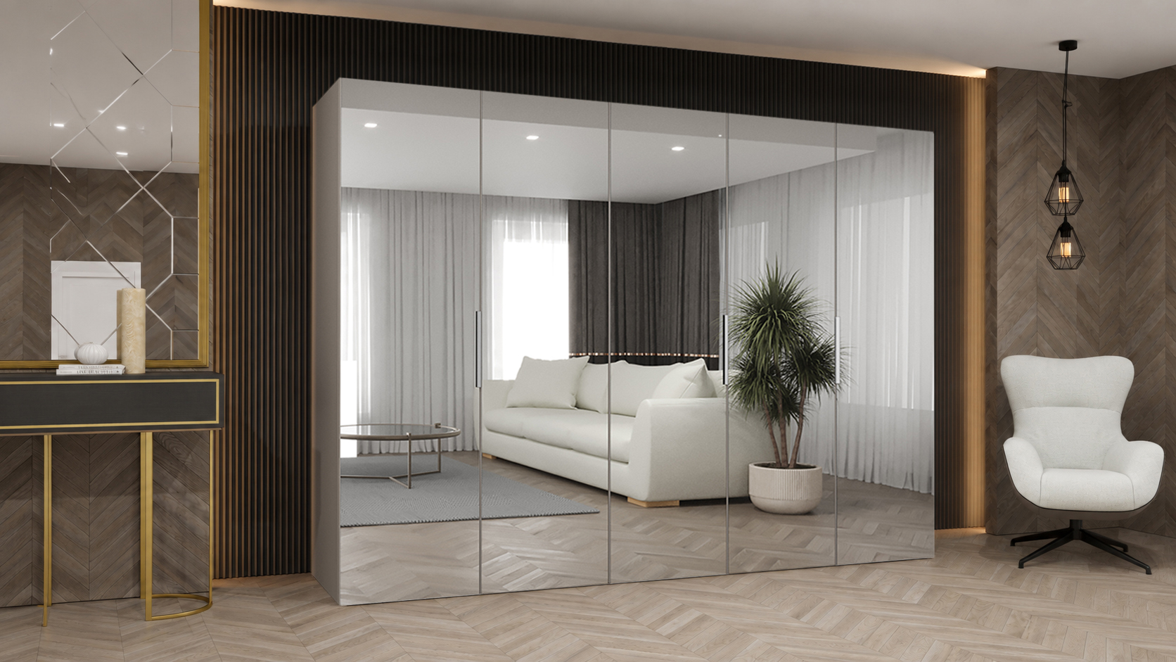 Šatní skříň MARBELLA 3 250 cm ořech Warmia se zrcadlovými dveřmi
