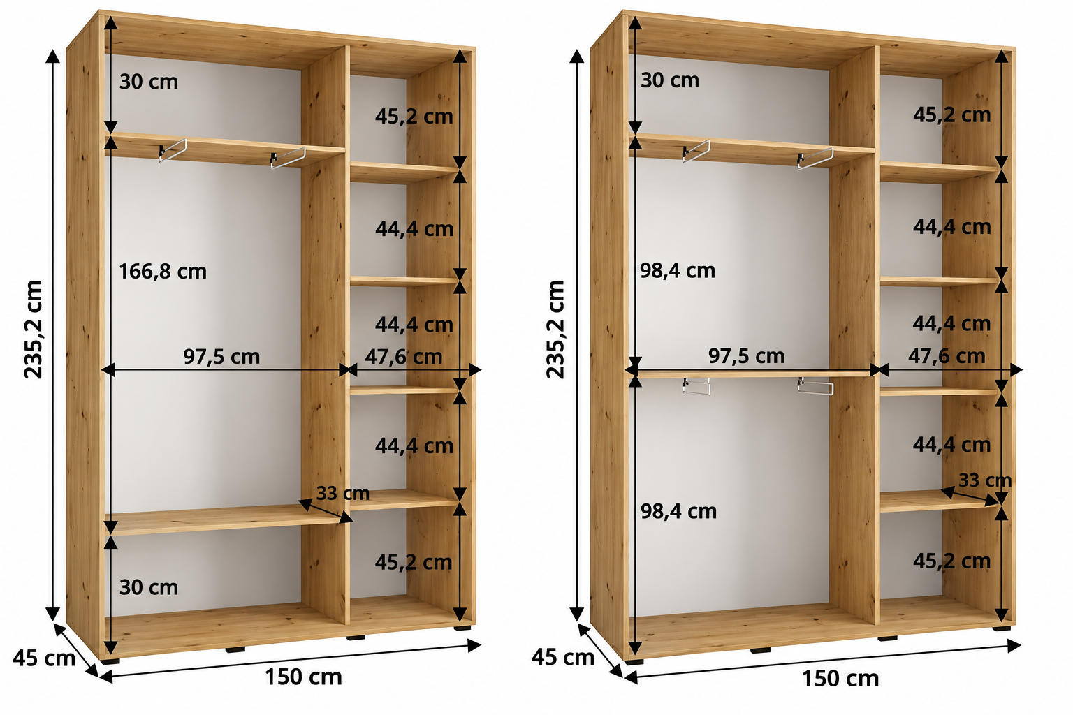 Vnitřní uspořádání šatní skříně DAVOS 2 150 cm