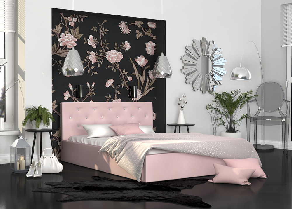 Luxusní manželská postel CRYSTAL růžová 180x200 s dřevěným roštem