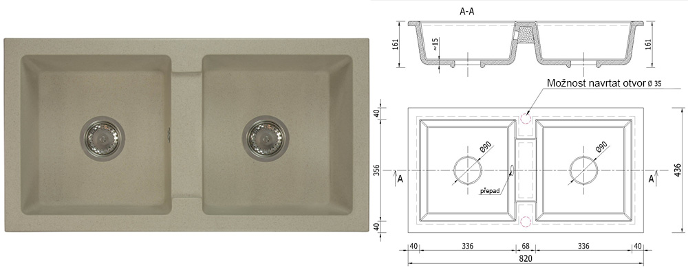 Dvoukomorový granitový dřez BORYS BÉŽOVÁ