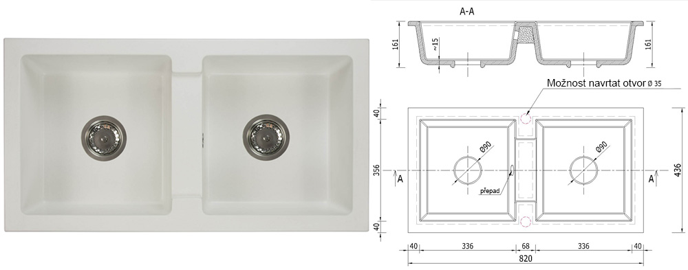 Dvoukomorový granitový dřez BORYS BÍLÁ