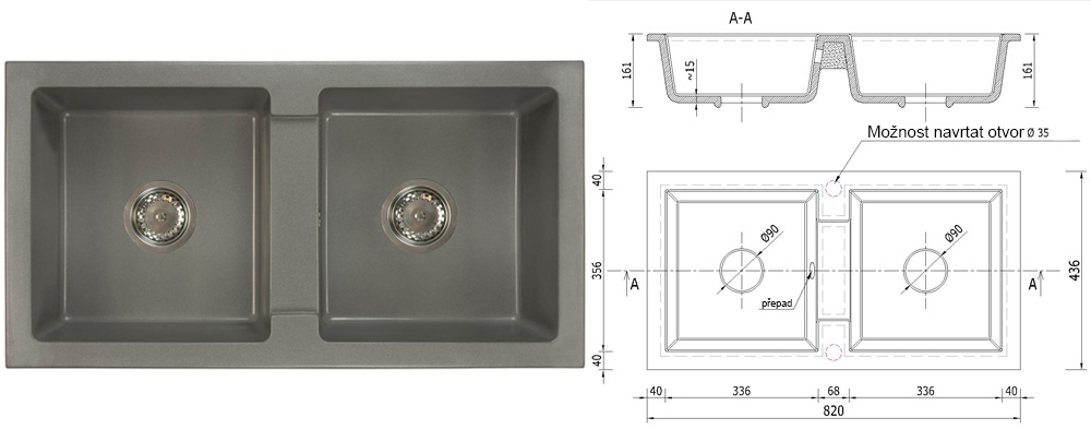 Dvoukomorový granitový dřez BORYS ŠEDÁ