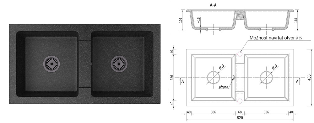 Dvoukomorový granitový dřez BORYS ČERNÁ