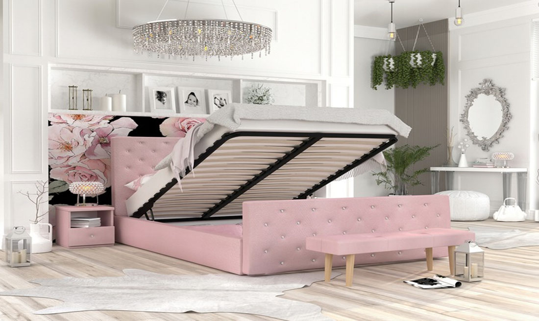 Čalouněná postel VIKI 180x200 Trinity růžová s kovovým roštem