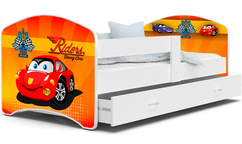 Rozprávková posteľ LUCKY 180x90 Biela RACING CARS 37L