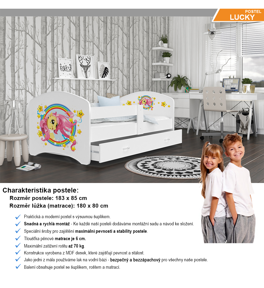 Rozprávková posteľ LUCKY 180x80 Biela PONÍK 08L