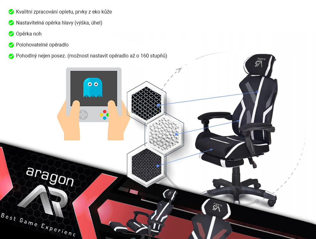 Profesionální herní židle síťová ARAGON 3 ČERNÁ - BÍLÁ