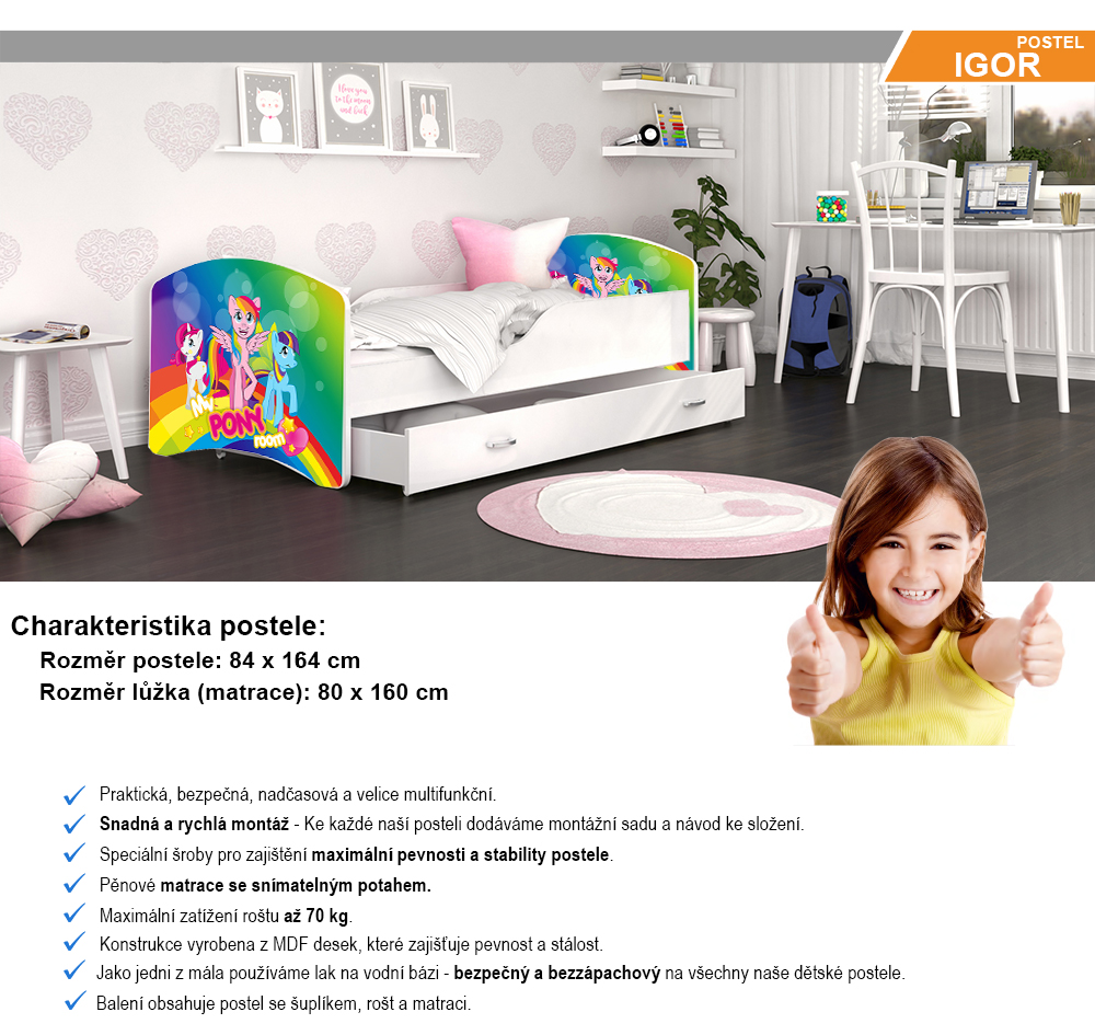Dětská postel IGOR  80x160  cm v bílé barvě se šuplíkem PONÍCI