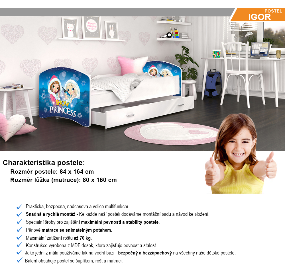 Dětská postel IGOR  80x160  cm v bílé barvě se šuplíkem SNĚŽNÉ PRINCEZNY