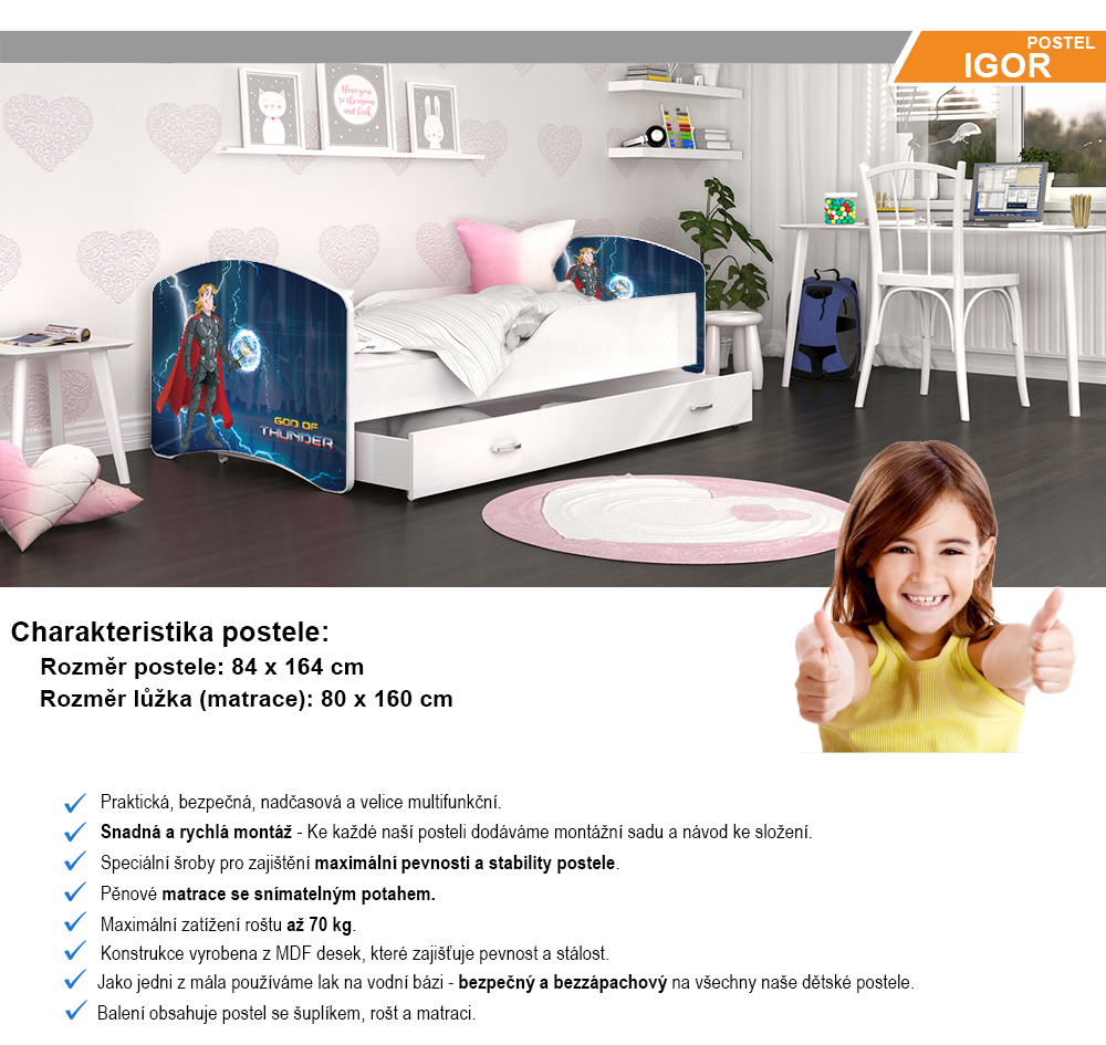Dětská postel IGOR  80x160  cm v bílé barvě se šuplíkem BŮH BLESKŮ