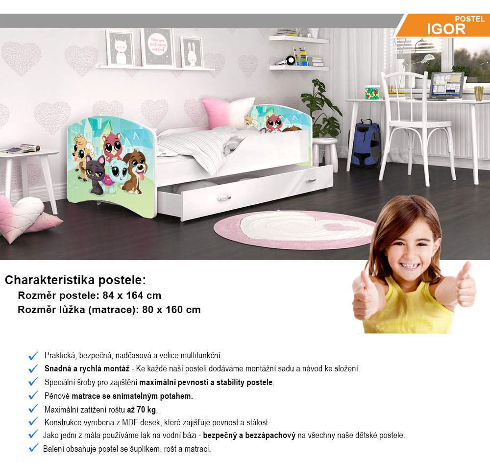 Dětská postel IGOR  80x160  cm v bílé barvě se šuplíkem ŠTĚŇÁTKA