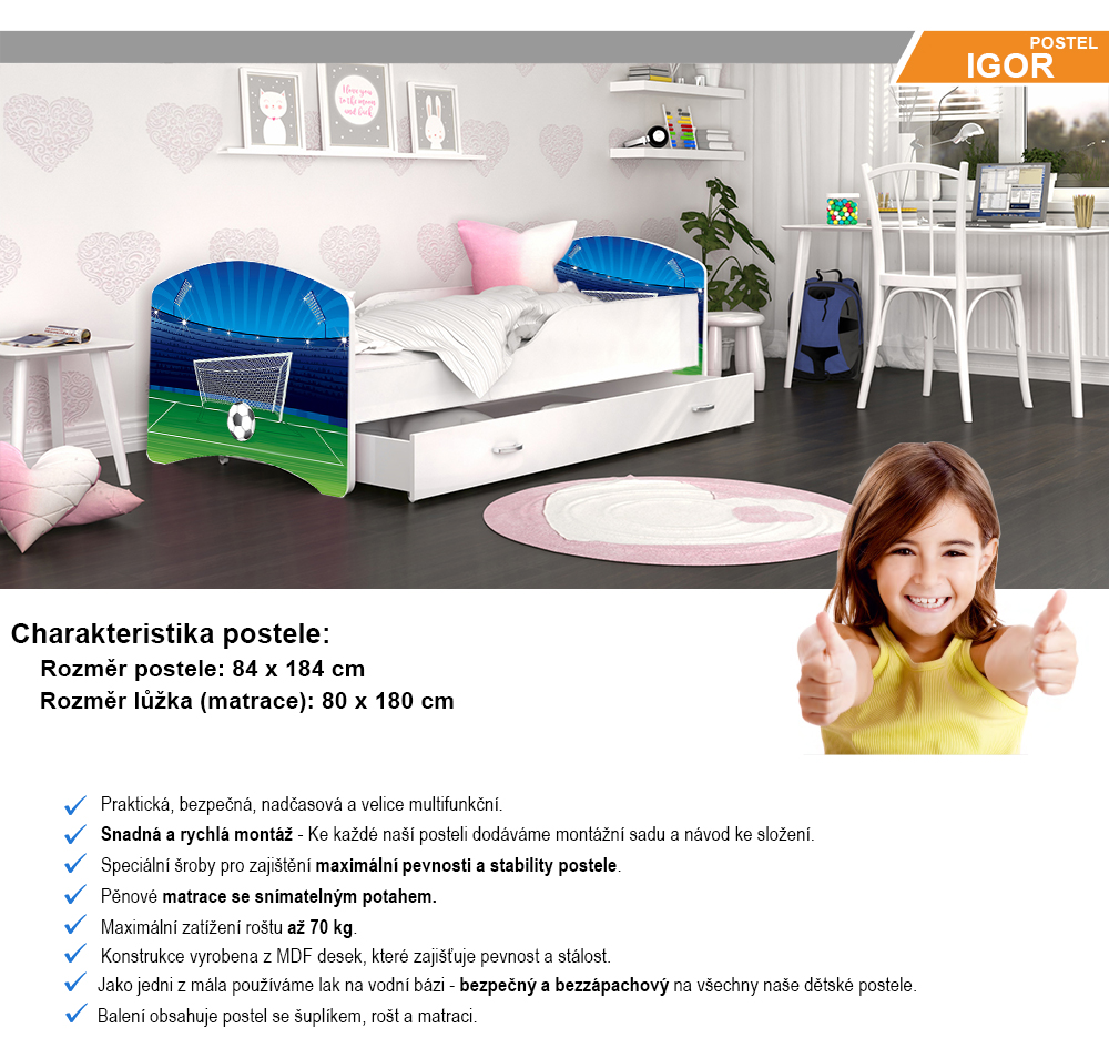 Dětská postel IGOR  80x180  cm v bílé barvě se šuplíkem FOTBAL