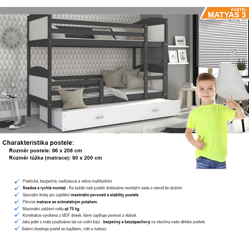 Dětská patrová postel MATYAS 3 90x200 cm s šedou konstrukcí v bíle barvě s přistýlkou