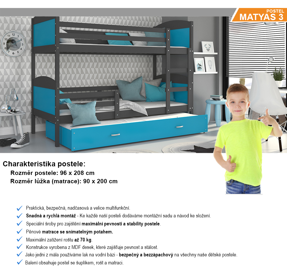Detská poschodová posteľ MATYAS 3 200x90cm SIVÁ-MODRÁ