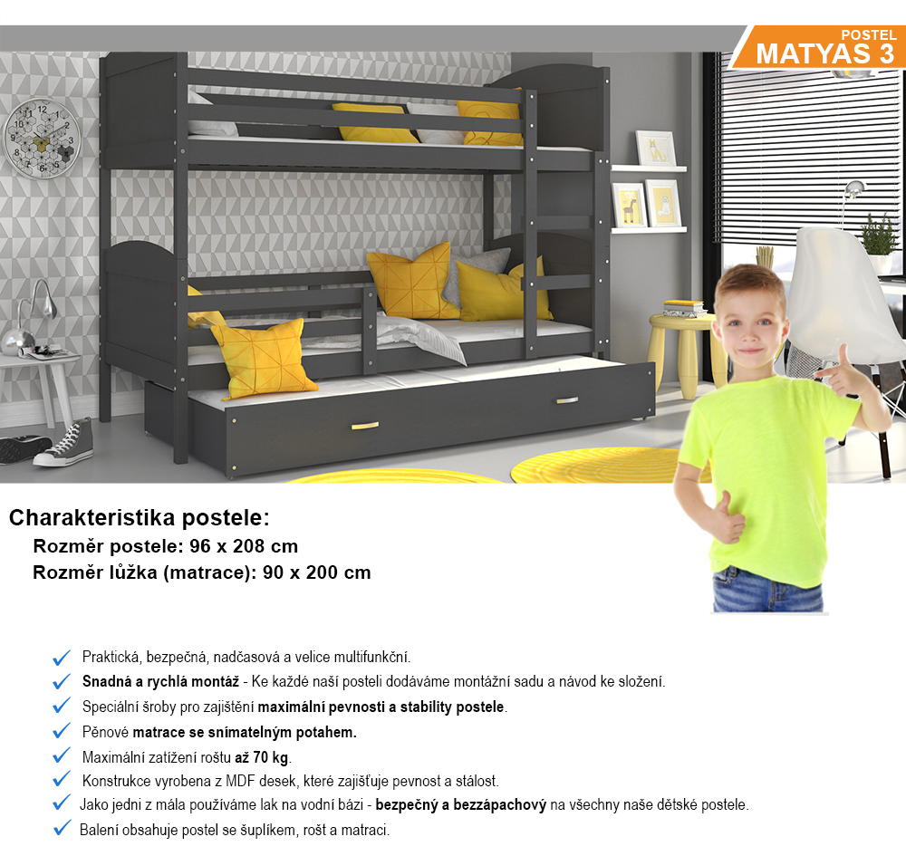 Detská poschodová posteľ MATYAS 3 200x90cm SIVÁ-SIVÁ