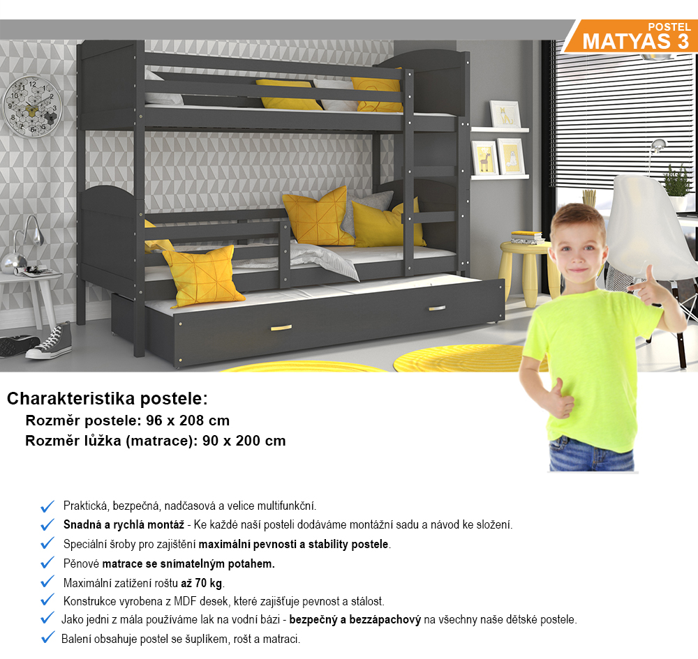 Dětská patrová postel MATYAS 3 90x200 cm s šedou konstrukcí v šedé barvě s přistýlkou