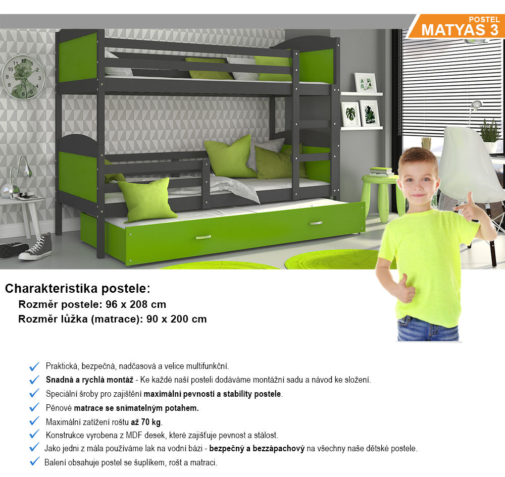 Detská poschodová posteľ MATYAS 3 200x90cm SIVÁ-ZELENÁ