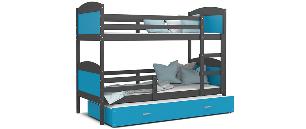 Dětská patrová postel MATYAS 3 90x200 cm s šedou konstrukcí v modré barvě s přistýlkou