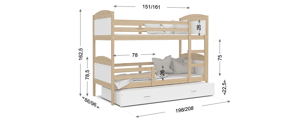 Dětská patrová postel MATYAS 3 90x200 cm s šedou konstrukcí v modré barvě s přistýlkou