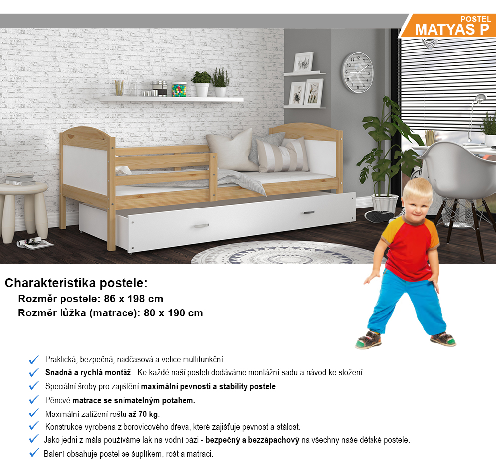Detská jednolôžková posteľ MATYAS P 190x80 cm BOROVICA-BIELA