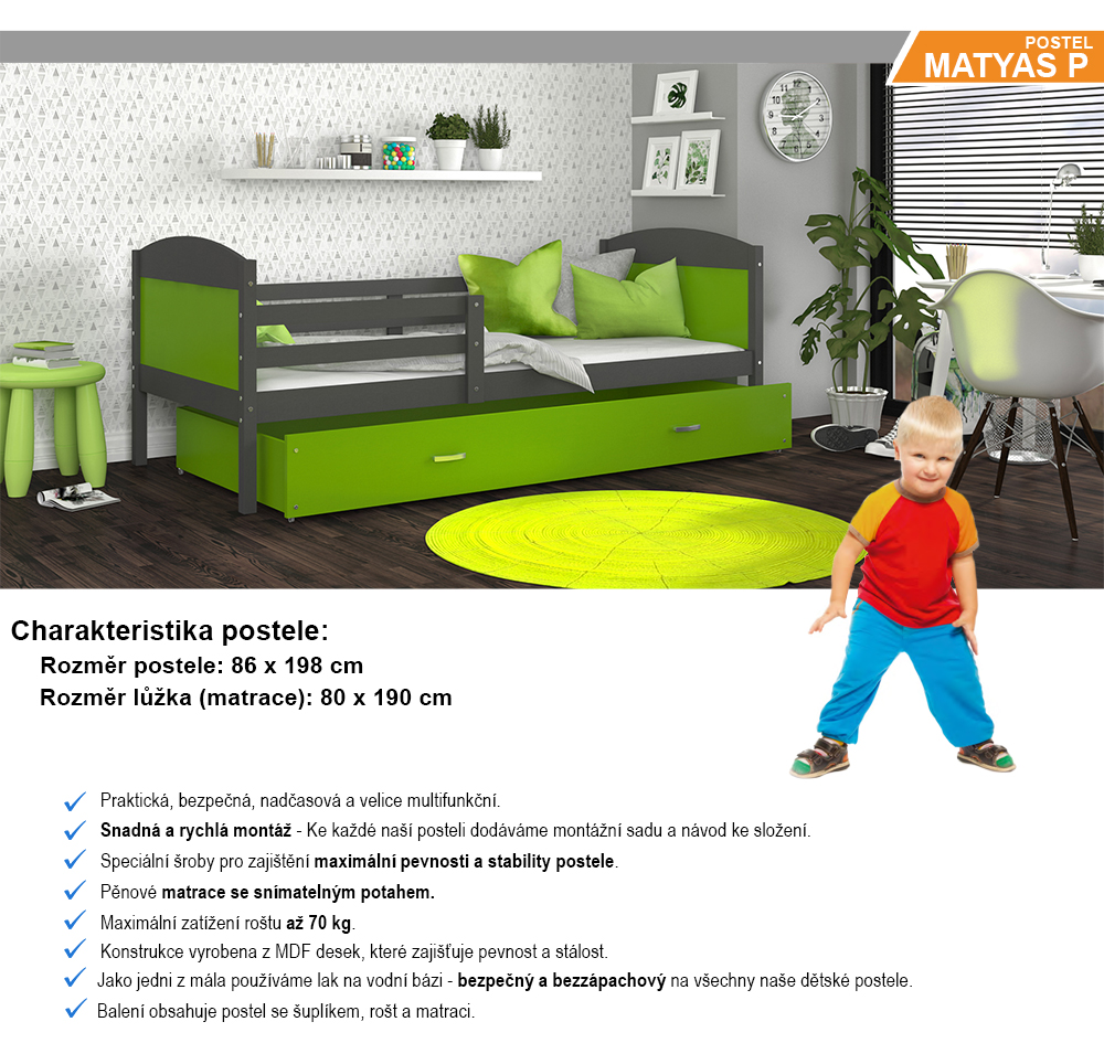 Dětská postel MATYAS P 80x190 cm s šedou konstrukcí v zelené barvě se šuplíkem.
