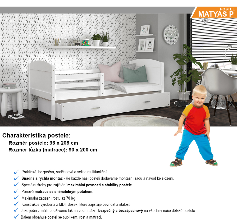 Dětská postel MATYAS P 90x200 cm s bílou konstrukcí v bílé barvě se šuplíkem.