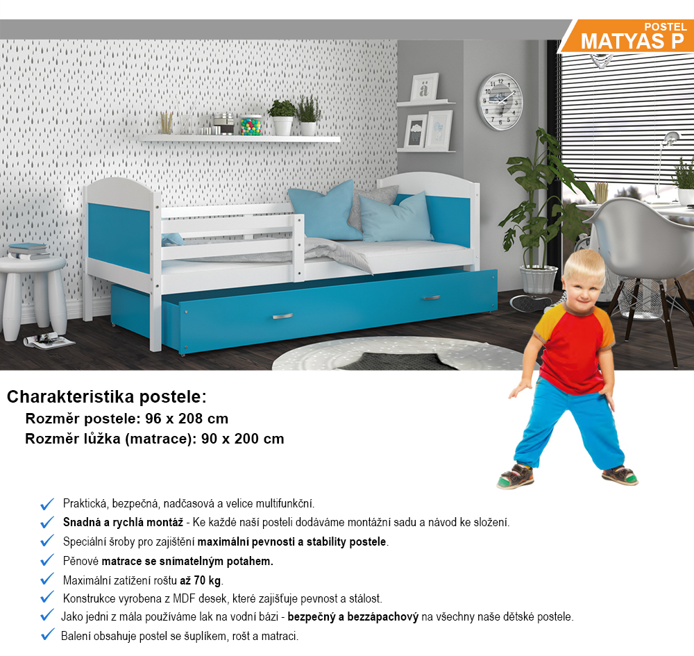 Detská jednolôžková posteľ MATYAS P 200x90 cm BIELA-MODRÁ