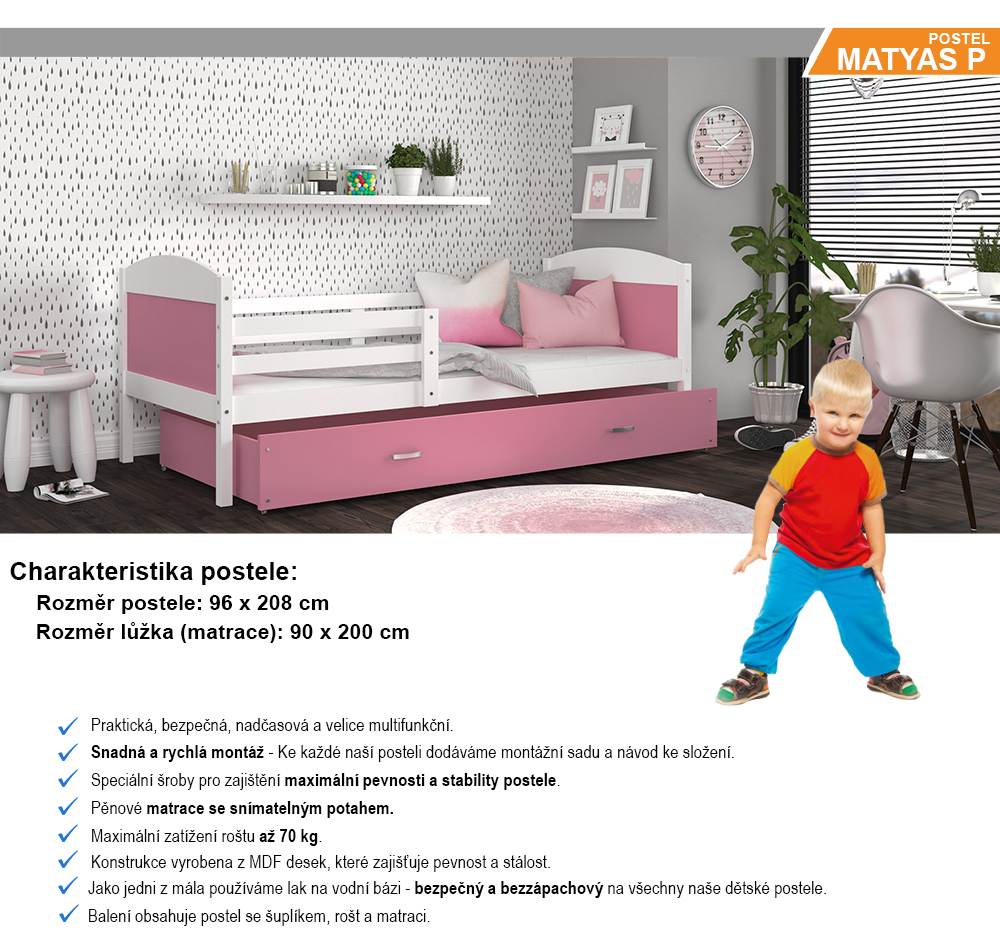 Dětská postel MATYAS P 90x200 cm s bílou konstrukcí v růžové barvě se šuplíkem.