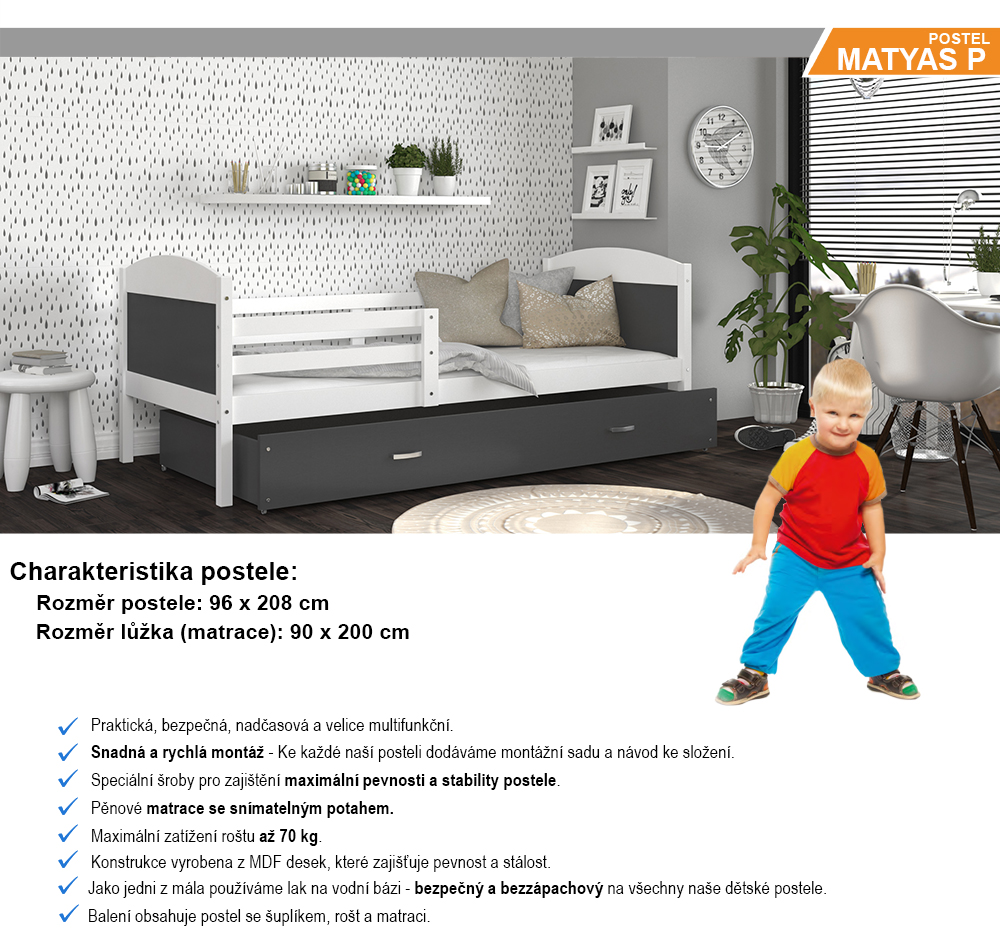 Detská jednolôžková posteľ MATYAS P 200x90 cm BIELA-SIVÁ